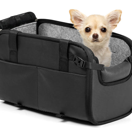 YUDODO 2-12lbs Center Console Dog Car Seat, Anti-Slip Pet Cat Booster Seat for Small Dogs, Portable Puppy Bed Carseat Carrier PU Leather Black