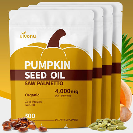 VivoNu Pumpkin Seed Oil with Saw Palmetto Capsules, 4000mg 300 Softgels | Organic, Cold Pressed | DHT Blocker | Supports Hair, Urinary, Bladder & Prostate Health | Non-GMO