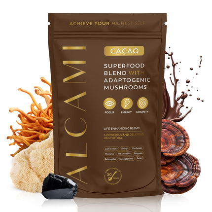 alcami elements Mushroom Coffee Enhancer – 10:1 Adaptogenic Superfood Blend with Lion’s Mane, Cordyceps & Reishi – Creamy Delicious Cacao for Focus, Energy & Mood – 30 Servings