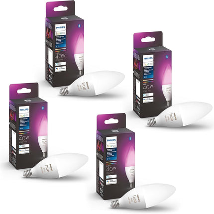 Philips Hue Smart 40W B39 Candle-Shaped LED Bulb - White and Color Ambiance Color-Changing Light - 4 Pack - 450LM - E12 - Control with Hue App - Works with Alexa, Google Assistant and Apple Homekit