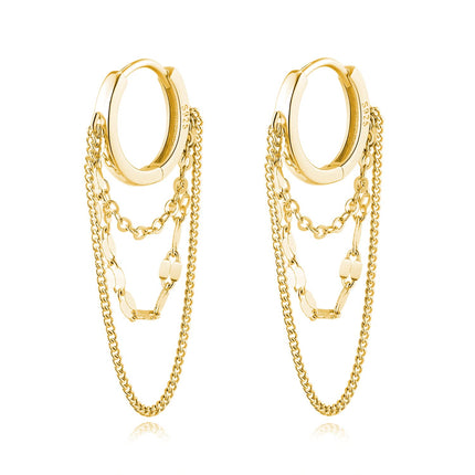 Reffeer Solid 925 Sterling Silver Chain Drop Earrings Hoop for Women Teen Girls Hoop Earrings Tassel Chain Huggie Dangle Earrings (B-18K Gold Plated)