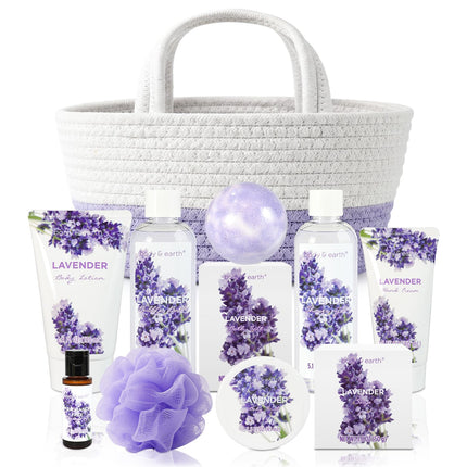 BODY & EARTH Spa Gift Baskets for Women 11pcs Lavender Gift Sets with Bubble Bath, Shower Gel, Body Lotion, Mom Birthday Gifts, Spa Kit, Purple Gift for Her, Christmas gifts