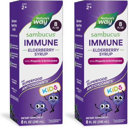 Nature's Way Sambucus Elderberry Immune Syrup for Kids Ages 2+,Echinacea & Propolis,with Superfood Antioxidants(1),Immune Support Syrup*,Vegetarian,Berry Flavored,8 Fl Oz,(Pack of 2)