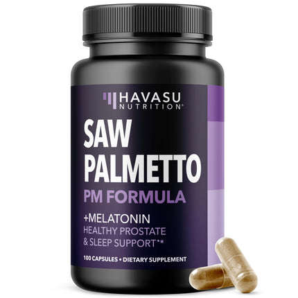 Saw Palmetto PM for Men with Melatonin 3mg - Night Time Prostate Health Supplement for Bladder and Sleep Support - Reduce Urinary Frequency - 100 Count - Vegan, Non-GMO Capsules - Over 3 Month Supply