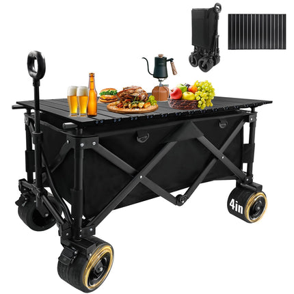 Collapsible Foldable Wagon Cart with Big Wheels and Tabletop, Large Capacity 440Lbs Folding Utility Wagon Carts for Sand, Beach, Camping, Shopping, Sport (Black)