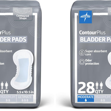 Medline ContourPlus Bladder Control Incontinence Pads, Moderate Absorbency, 5.5" x 10.5", 28 Count (Pack of 2)