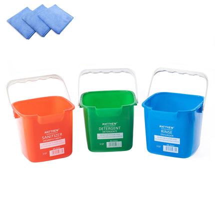 Matthew Red&Green&Blue Detergent and Sanitizing Cleaning Bucket 6 Quart Cleaning Pail,Set of 3 Square Containers,Built-In Spout w/Handle,Wash Rinse Sanitize Handwash Bucket,Incl.3Pcs Microfiber Cloths