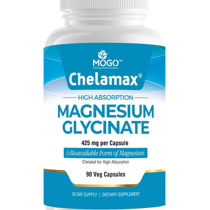 Chelamax Magnesium Glycinate 425mg. High‑Absorption, Chelated Magnesium Glycinate from Dead Sea Gentle on Stomach, Supports Sleep, Muscle & Bone Health.Made in USA, Third‑Party Tested, 90 Capsules.