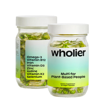 wholier Multi for Plant Based People, Multivitamin for Men & Women, Omega 3 DHA + EPA, Vitamin B12, D3, Iron, Iodine, Zinc, Selenium, K2 for Overall Wellness Support, Vegan, Gluten Free, 60 Capsules