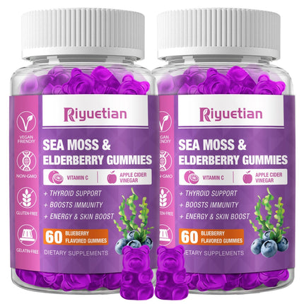 Riyuetian Sea Moss & Elderberry Gummies, Blueberry Flavored Gummy, Vitamins Sea Moss Supplements with Vitamin C + Zinc and Apple Cider Vinegar, Good Texture, Vegan-Friendly, 120 Count(Pack of 2)