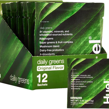Huel Daily Greens Single Serve | Superfood Greens Powder | 91 Vitamins, Minerals, and Wholefood-Sourced Ingredients | Adaptogens, Antioxidants, Gut-Friendly Probiotics | 12 Pack