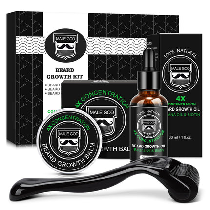 MALE GOD Beard Kit, Beard Growth Kit w/Natural Ingredients Beard Oil & Balm & Comb, Beard Growth Oil w/4X Thickening Biotin, Fathers Day | Chrismtas | Birthday Gifts for Men Him Husband Boyfriend Dad