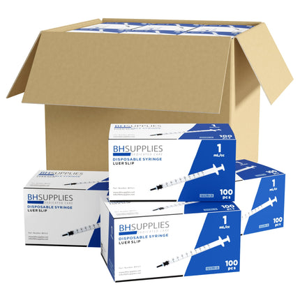 Bulk Case: BH Supplies 1mL Sterile Luer Slip Syringe - Individually Wrapped (2400 Syringes, 24 Boxes of 100 Units)