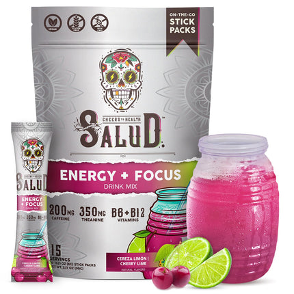 Salud 2-in-1 Energy Drink Powder + Focus, Cherry Lime, Organic Caffeine, B6 + B12, Theanine, Clean Energy Drink Packets, Agua Fresca Mix, Non-GMO, Gluten Free, Vegan, 1g of Sugar, (15 Servings)