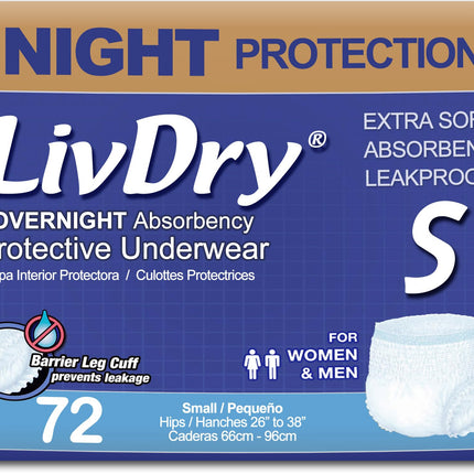 LivDry Adult S Incontinence Underwear, Overnight Comfort Absorbency, Leak Protection, Small, 72-Pack