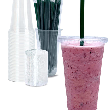 Cappatua 24 oz Clear Plastic Cups with Lids and STRAWS, Disposable Drinking Cups for Cold Drinks, Iced Coffee, Milkshakes, Smoothies, 25 Sets