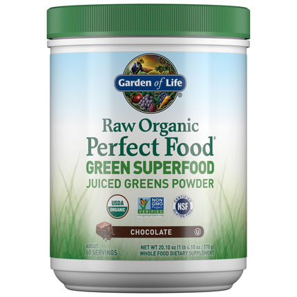 Garden of Life Raw Organic Perfect Food Green Superfood Juiced Greens Powder - Chocolate, 60 Servings, Non-GMO, Gluten Free, Vegan Whole Food Dietary Supplement Plus Probiotics, Enzymes