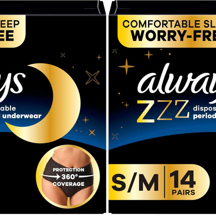 Always ZZZ Overnight Disposable Period Underwear for Women Small/Medium, 360° Coverage for Worry-Free Nights,14 Count (Pack of 2)