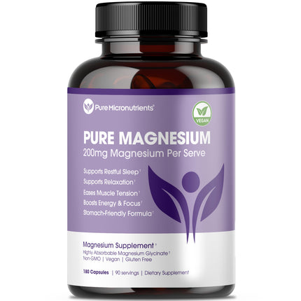 Pure Magnesium Glycinate Supplement – Highly Absorbable Chelated Magnesium to Support Sleep, Muscle & Nerve Health, Energy, Relaxation & Bone Health – 200mg Per Serving, 180 Capsules