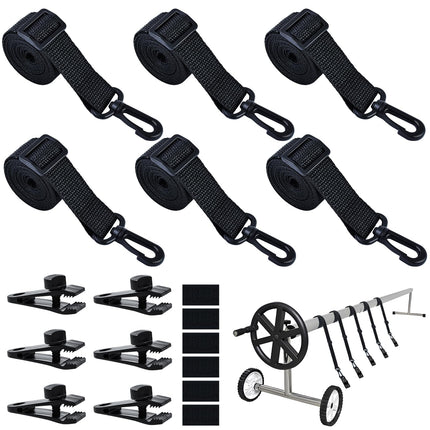 18Pcs Adjustable Length Upgraded Pool Solar Cover Reel Strap Pool Cover Reel Attachment Straps Pool Reel Strap Kit Including 6 Solar Cover Reel Blanket Straps with Hooks,6 Clamps,6 Touch Fastener