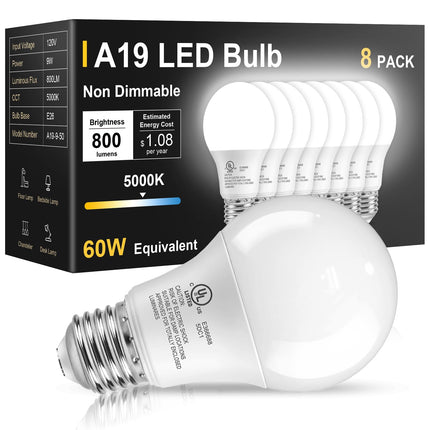 TJOY 8 Pack LED Light Bulbs 60 Watt Equivalent, Daylight White 5000K A19