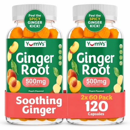 YUM-V'S YumVs Ginger Gummies, 500 mg Ginger Root Extract, Peach Flavor, Nausea Management, Digestion & Immune Support, Vegan, Non-GMO, Gelatin-Free, 2 Pack
