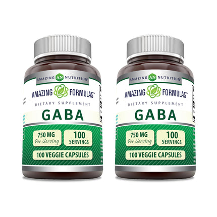 Amazing Formulas GABA 750mg Per Serving Veggie Capsules Supplement | Non-GMO | Gluten Free | Made in USA | Ideal for Vegetarians (2 Pack | 100 Count)