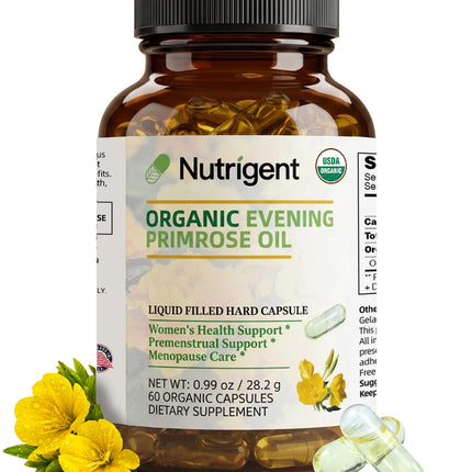 Nutrigent Organic Evening Primrose Oil Supplement, 940 mg 100% Pure with 10% GLA, High Absorption Liquid Organic Capsules, Promotes Women's Health & Skin Health, Cold Pressed, 60 Count