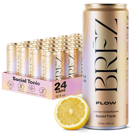 BRĒZ FLOW Alcohol Alternative Drink – Non Alcoholic Sparkling Drink with Lion’s Mane Mushroom, Lemon Elderflower, Adaptogen Beverage for Mood & Focus, Alcohol Alternatives with a Buzz, 24 Pk 12 Fl Oz