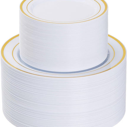Goodluck 200PCS Gold Plastic Plates, Heavy Duty Disposable Gold Plates with 100 10.25 inch Dinner Plates and 100 7.5 inch Dessert Plates for Party, Holiday, Wedding, Thanksgiving