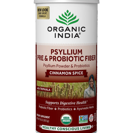 ORGANIC INDIA Psyllium Husk Powder - Pre & Probiotic Fiber Supplement, Organic Psyllium Husk Fiber Supplement with Whole Psyllium Husk, USDA Certified Organic, Vegan, Gluten Free - Cinnamon, 10 Oz