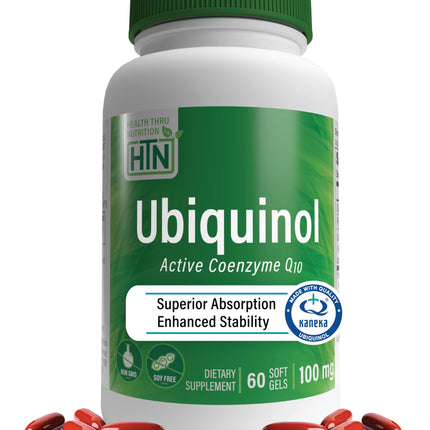 Health Thru Nutrition Ubiquinol 100mg 60 Softgels as Kaneka QH Reduced CoQ-10 | Stabilized - 3rd Party Tested | Enhanced Bioavailability | Cardiovascular & Mitochondria Function Support | Non-GMO