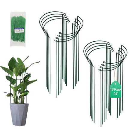 Tall Heavy-Duty 24in Plant Support Stakes - 8 Pack Adjustable Peony Cages & Supports for Outdoor Plants, Half-Round Garden Stakes for Hydrangea, Roses with Extension Stakes