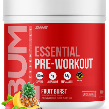 RAW Essential Pre-Workout Powder (Fruit Burst) - Chris Bumstead Sports Nutrition Supplement for Men & Women - Preworkout Energy Powder with Caffeine, L-Citrulline, L-Tyrosine, & Beta Alanine Blend