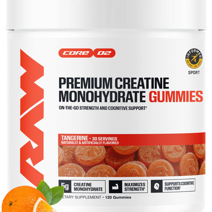 RAW Nutrition Creatine Gummies, Tangerine, 5g Creatine Monohydrate Per Dose, Supports Strength & High-Intensity Performance, No Mixing Chewable Pre/Post Workout Supplement, 120 Gummies (30 Servings)