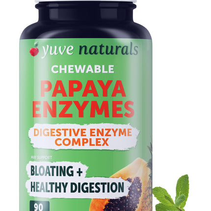 Yuve Naturals Chewable Papaya Enzymes - Sugar-Free Plant-Based Digestive Enzyme Complex for Gas, Bloating & Post-Meal Comfort - Vegan, Non-GMO, Gluten-Free - 90ct