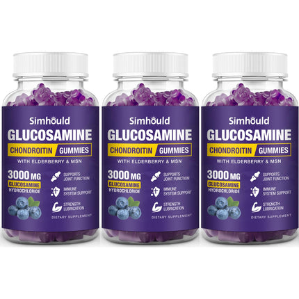 Simhould 3 Packs Glucosamine Chondroitin Gummies - 3000MG Extra Strength Joint Support Supplement with MSM & Elderberry, Flexibility, Antioxidant Immune Support Gummy for Adults, Men & Women