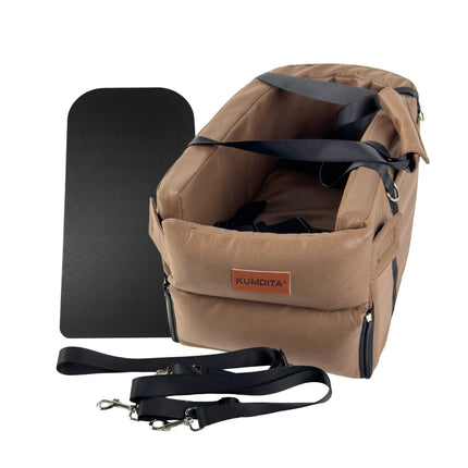 Kumdita' Center Console Car Seat & Carrier for Small Dogs & Cats with Dual Over-Seat Straps, Sewn-in Safety Leash & PE Board Base (Brown)