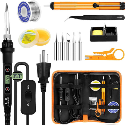 Soldering Iron Kit 80W LCD Adjustable Temperature 180-520℃ Solder Kit Electronics 13 in 1 Welding Tools with ON/OFF Switch, Solder Wire, Flux, 5 Soldering Tips, Desoldering Pump, Stand, Tweezers