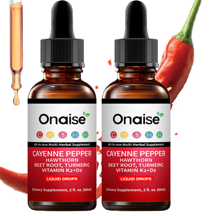 ONAISE Cayenne Pepper Drops,2 Pack Cayenne Supplement with Hawthorn Berry, Vitamin D3 K2 Beet Root Powder, Ceylon Cinnamon, Turmeric Curcumin, Organic Panax Ginseng, Berberine Extract
