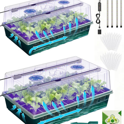 2PCS 120 Cell Self-Watering Seed Starter Tray Kit with Grow Light Humidity Dome,120-Cell Large Plant Seedling Tray, 3 Color Growing Light, Seed Starting Trays for Plant Germination（2PCS, 120 Cell）