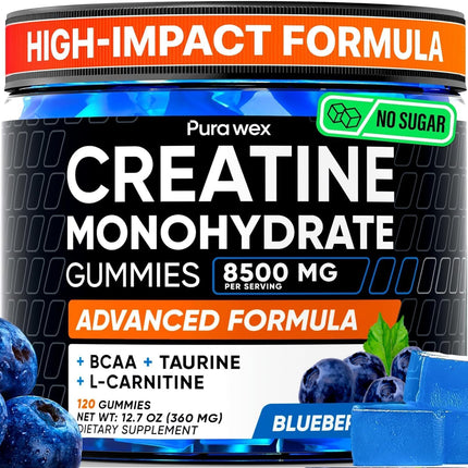 PURA WEX NUTRITION Creatine Monohydrate Gummies 8500mg Complex for Men & Women - Pre Workout Creatine Chews for Muscle Growth, Strength & Energy, Sugar Free, Vegan, Blueberry Flavor - 120 Count