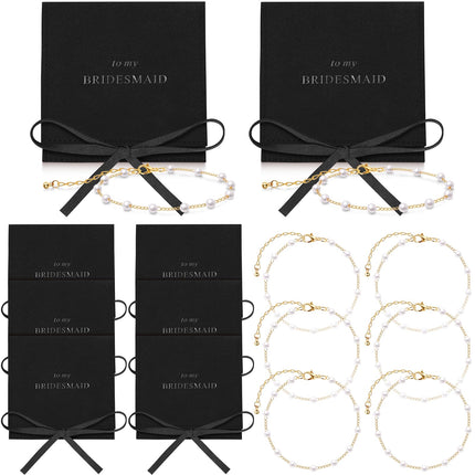 Quelay 16 Pcs Pearl Bridesmaid Bracelet Gift,Black, Gold;Bow Tie
