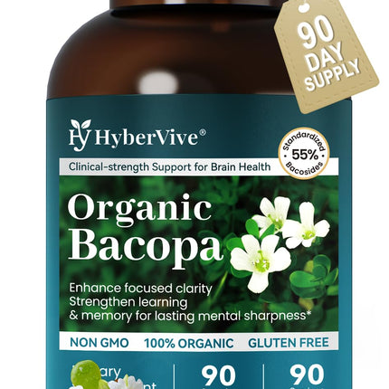 HyberVive Bacopa Monnieri Supplement 300MG, Organic Nootropic Bacopa Extract, ≥ 55% High Potency Bacosides, Brain & Memory Supplement for Focus and Cognitive Support, Made in USA, 90 Capsules