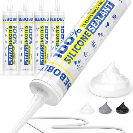 White Silicone Caulk & Sealant, 100% Waterproof Silicone Sealant Caulking, Shrink & Crack Proof, Silicone Caulking for Kitchen, Bathroom, RV, Interior & Exterior Use, 10.2 FL. OZ/300ML, 4 Pack