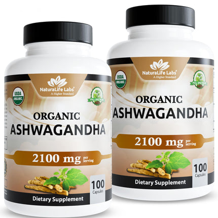 NaturaLife Labs Organic Ashwagandha 2100 mg per Serving – Herbal Supplement Root Powder & Extract – 100 Capsules – Vegan, Non-GMO, Gluten-Free (2 Pack)