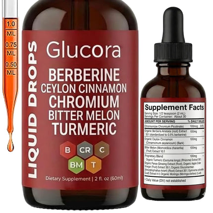 vitalleap Glucora Berberina Liquida Gotas, Berberine with Ceylon Cinnamon Liquid Drops, Sugar-Free Vegan Liquid Supplement - Non-GMO Ingredients,Free from Gluten and Soy, Vegan-Friendly - 2 fl oz.