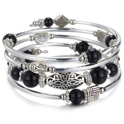 BULINLIN Layered Wrap Bangle Turquoise Bracelet - Bead Bracelet with Natural Agate Stone, Gifts For Women (03-Black)