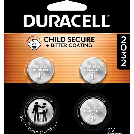 Duracell 2032 Lithium Battery, 4 Count (Pack of 1), Child Safety Features, Compatible with Key Fob, Tea Light Candles and Other Devices, CR2032 Battery