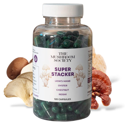 The Mushroom Society Super Stacker - 4-in-1 Mushroom Supplement Wellness Blend - Lion’s Mane, Oyster, Chestnut & Reishi - Immune, Focus & Daily Vitality - 120 Vegan Capsules